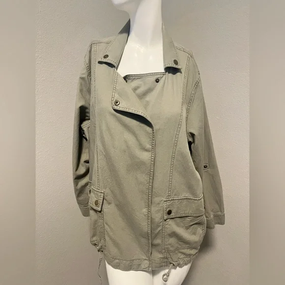 CASLON Women”s Olive Green Long Roll Tab Sleeve Snap Buttons Jacket Size 14W - Picture 2 of 15